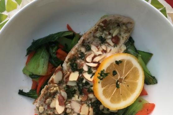 Baked Almond-Crusted Cod With Sauteed Bok Choy and Bell Peppers Baked Almond-Crusted Cod With Sauteed Bok Choy and Bell Peppers