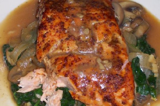 Asian Honey Mustard Salmon On Spinach and Mushrooms Asian Honey Mustard Salmon On Spinach and Mushrooms