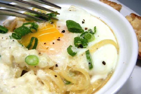 Baked Egg Linguine With Onion, Scallion, and Umame