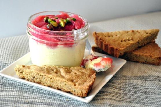 Chevre Cheesecake With Rhubarb Compote and Candied Pistachios Chevre Cheesecake With Rhubarb Compote and Candied Pistachios