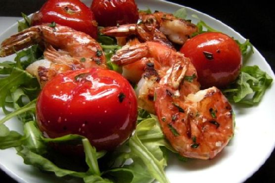 Grilled Prawns (Shrimp) With Rocket (Arugula) and Campari Tomatoes