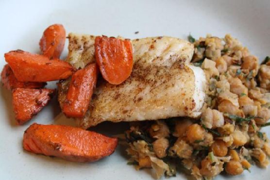 Laura Calder's Halibut With Brown Butter, Crushed Chickpeas With Olives and Roasted Cumin Carrots Laura Calder's Halibut With Brown Butter, Crushed Chickpeas With Olives and Roasted Cumin Carrots
