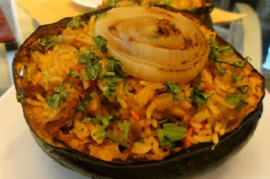 Roasted Acorn Squash Stuffed with spicy Biryani (Veg/vegan)