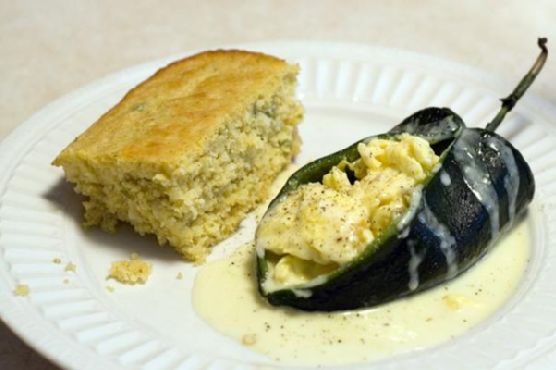 Scrambled Egg-Stuffed Poblano Chiles With Spicy Cheese Sauce Scrambled Egg-Stuffed Poblano Chiles With Spicy Cheese Sauce