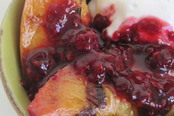 Grilled Peach Melba with Vanilla Bean Frozen Yogurt